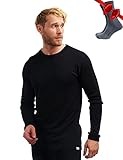 100% Merino Unterwäsche Herren - Merino Langarmshirt Herren Atmungsaktiv Und Feuchtigkeitsableitend Mittel + Wollsocken (X-Large, Black...