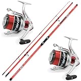 VF-Angelsport Deluxe Brandungsset 2 Ruten + 2 Rollen + Schnur - Surfen, Fischrutenrolle, 4,2m, Heavy, 170m Monofil, Rot, Schwarz