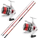 VF-Angelsport Deluxe Brandungsset 2 Ruten + 2 Rollen + Schnur - Surfen, Fischrutenrolle, 4,2m, Heavy, 170m Monofil, Rot, Schwarz