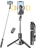 Selfie Stick Stativ mit 2 Fülllicht, Verbessertem Stabil Handy Stative mit Abnehmbarer Fernbedienung, 114cm Stativ für Smartphone...